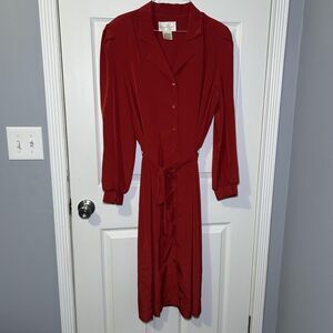 Vintage Susan Howard Dress Women's Large Red Satin Belted Shirt Midi 80s NWOT